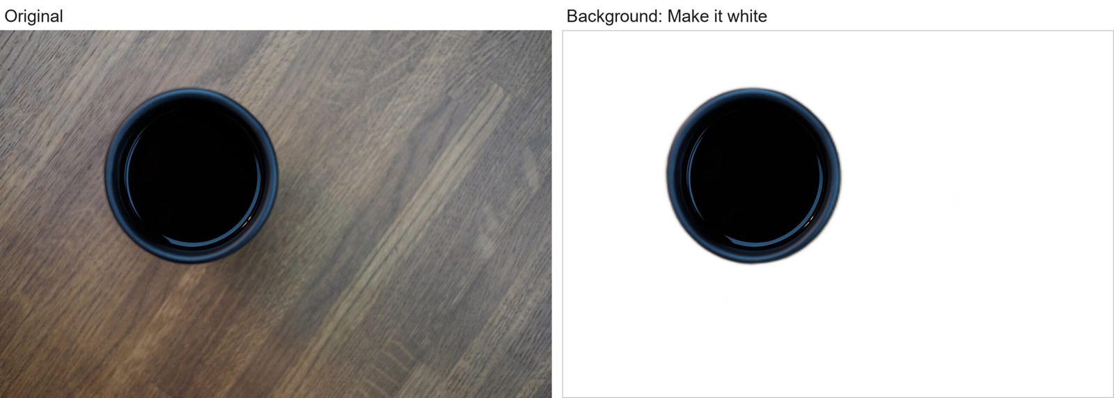 A coffee mug on a wooden table, before and after Make it white