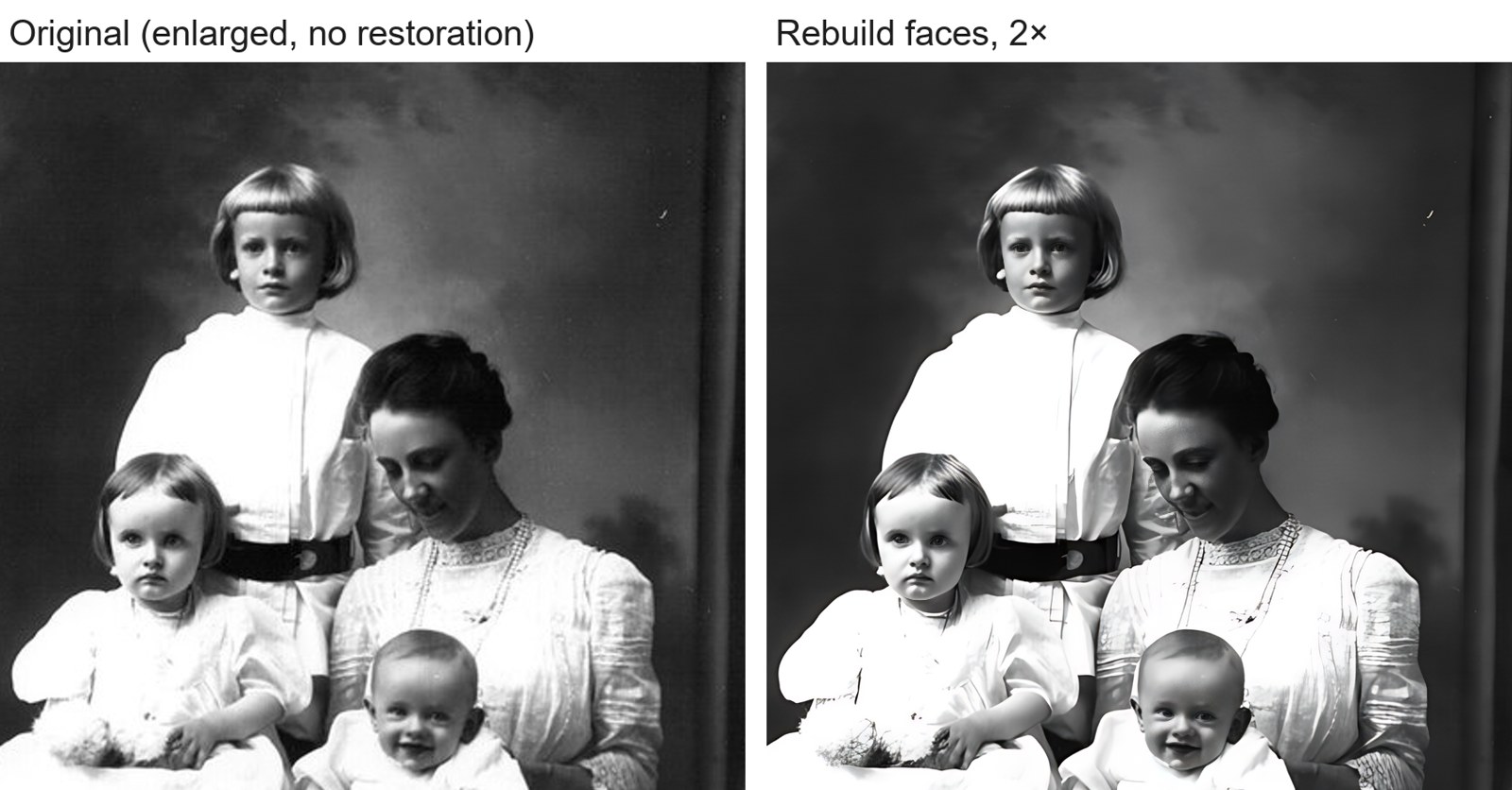 A 1910 studio portrait, enlarged 2× with Rebuild faces