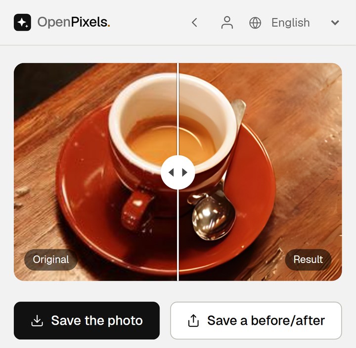 OpenPixels in a phone-sized browser window, showing a coffee cup before and after