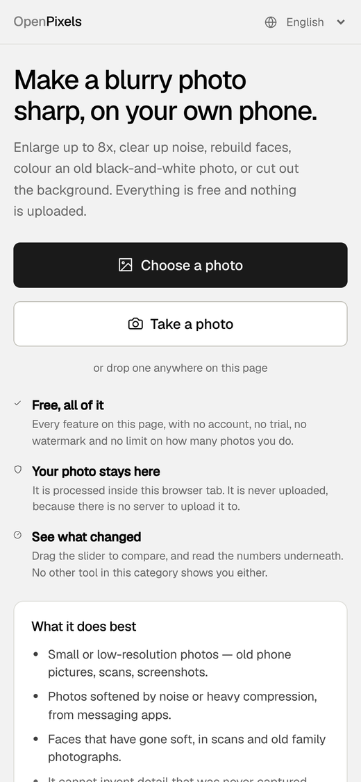 The OpenPixels home screen on a phone, listing its three promises: free, your photo stays here, and see what changed.